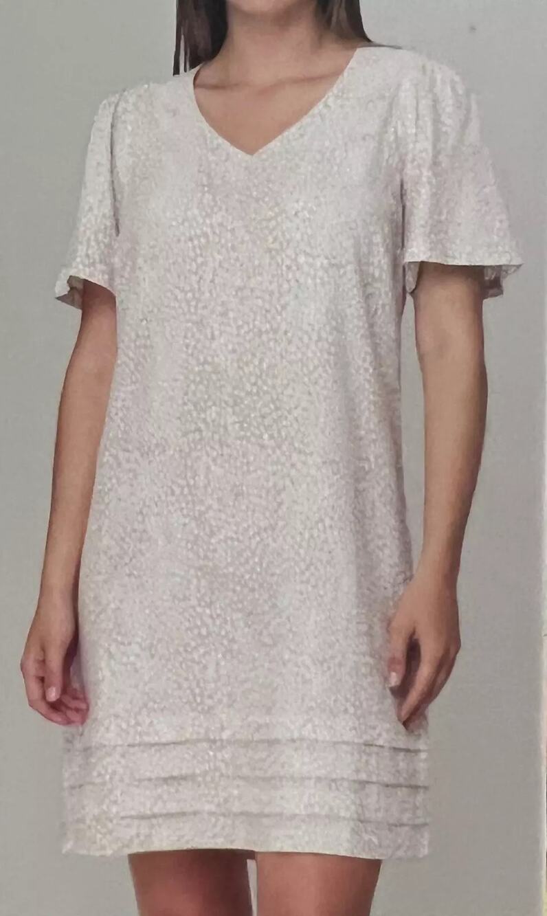 Original Nicole Miller Dress Linen Blend V-Neck Tiered Shift Mini Beige Size XL